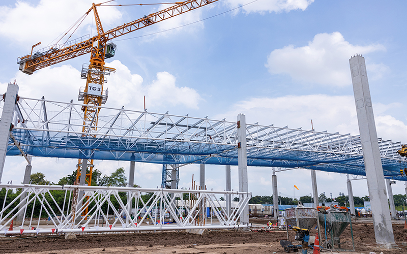 Newly installed structural steel at a construction site